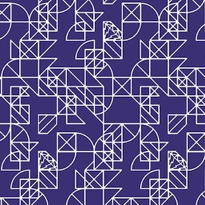 May include: A seamless pattern with a geometric design featuring white lines on a deep purple background. The pattern is made up of squares, triangles, and circles.