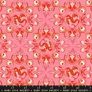 May include: Pink fabric with a repeating pattern of red dragons within circular frames, surrounded by stylized flames and swirls. Gold accents highlight the design. The text "RUBY STAR SOCIETY" is at the bottom.