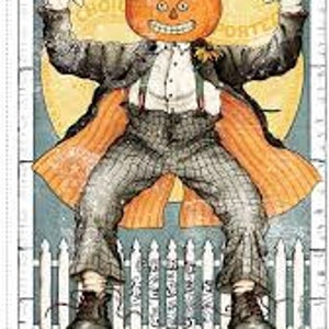 Puede incluir: Una ilustración de estilo vintage de una figura con cabeza de calabaza que lleva un sombrero de copa y una amplia sonrisa. La figura está de pie frente a una valla blanca de madera con el texto "One Night in Oct. 31st Patch" debajo. Un gato negro está sentado en el suelo a la derecha de la valla.