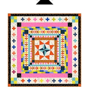 May include: A square quilt titled Marcelle Medallion Quilt by Alexia Marcelle Abegg. The design features a central star motif surrounded by concentric borders of triangles, rectangles, and plus signs in vibrant colors like pink, yellow, blue, and orange on white and black speckled backgrounds.