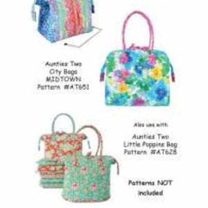 May include: Metal stays for bags, size D, 2 stays, 17 1/4 inches long, 13 inches wide, 3 inches tall.  Aunties Two patterns #AT641, #AT651, #AT628.  Made in the USA.