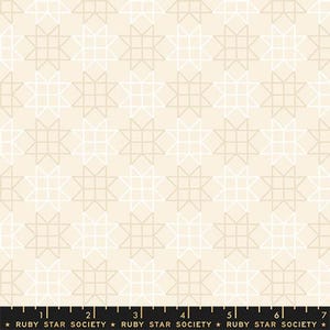 May include: Cream-colored fabric with a repeating geometric star pattern in white and tan. The design features a grid-like structure within each star, creating a textured appearance. The bottom of the image includes the text "RUBY STAR SOCIETY".