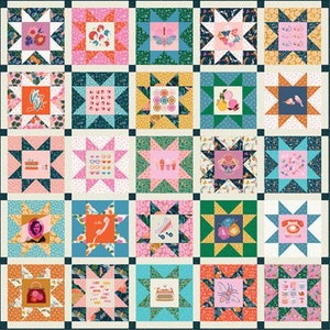 May include: A quilt block pattern with a variety of colorful star designs. Each block features a different design, including butterflies, ice cream cones, sunglasses, and more. The quilt blocks are arranged in a grid pattern.