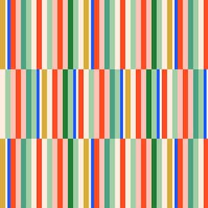 Puede incluir: Un patrón repetitivo de rayas verticales en rojo, rosa, verde, azul, dorado y crema. Las rayas están dispuestas en un patrón escalonado, creando un diseño visualmente interesante.