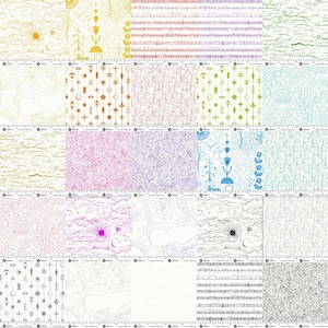 Pode incluir: Uma grade de amostras de tecido com vários padrões. Os designs incluem notas musicais, motivos celestiais e formas abstratas em cores como ouro, rosa, azul e verde. Cada amostra tem uma régua ao longo da borda.
