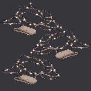 May include: Three strands of copper wire fairy lights with warm white LED bulbs and battery packs. Each strand has 20 lights and is approximately 6 feet long.