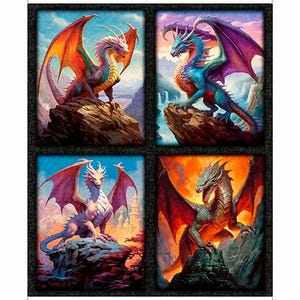 May include: A fabric panel featuring four vibrant dragon illustrations. Each panel showcases a different dragon with detailed scales, wings, and poses against a backdrop of mountains and sky. The dragons display a range of colors, including red, orange, blue, and purple.