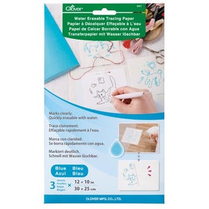 May include: Clover water erasable tracing paper package. The package is white and blue, with text in multiple languages. The product includes three 12 x 10 in (30 x 25 cm) sheets of tracing paper. The paper is quickly erasable with water.