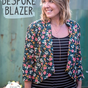 May include: A floral print blazer with a black and white striped dress underneath. The blazer has a shawl collar and three-quarter sleeves. The text "The Bespoke Blazer" and "Sew to Grow" is visible in the image.