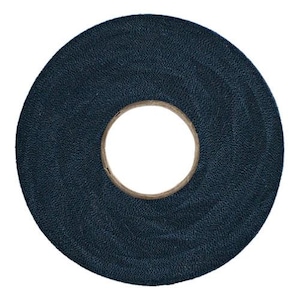 May include: A roll of dark blue electrical tape with a textured surface. The tape is circular with a hollow, tan-colored center. The image is a close-up shot against a white background.