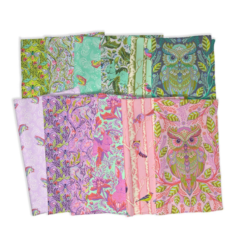 May include: A set of 10 fabric squares featuring a variety of colourful patterns with owls, birds, and floral designs. The fabrics are a mix of pink, green, purple, and blue.