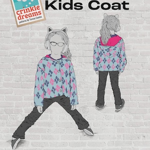 May include: Illustration of a child's coat pattern with the text "the Elemental Kids Coat". The coat design features a blue and pink argyle pattern. The tag reads "crinkle dreams patterns by Teresa Coates".