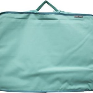 May include: A light blue garment bag with a zipper closure and a small label that says "Travel Gear".