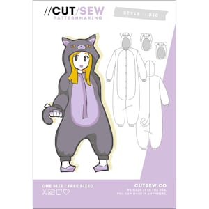 May include: A patternmaking guide for a cat-themed onesie. The illustration shows a person wearing the costume, with a matching tail and hood. The design is in shades of gray and purple. The text reads "//CUT/SEW PATTERNMAKING" and "ONE SIZE / FREE SIZED".