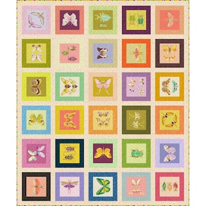 May include: A patchwork quilt with a repeating pattern of insect illustrations. Each square features a different butterfly or insect in bright colours, including green, pink, and yellow. The quilt has a cream background and a patterned border.