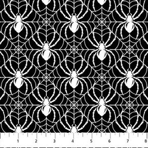 May include: Black and white repeating pattern of spiders and spiderwebs. The spiders have eight legs and a round body. The spiderwebs are circular with radial lines.