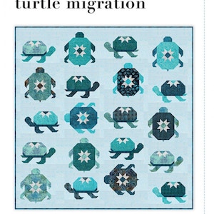 May include: A quilt pattern titled "turtle migration" with a repeating design of blue and teal turtles on a light blue backdrop. The quilt measures 206cm x 211cm. The pattern is by Bluebird Patterns.