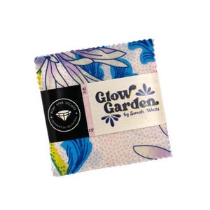 May include: A pack of 42 2.5-inch fabric squares featuring a floral print in shades of blue, yellow, pink, and white. The fabric squares are labelled "Glow Garden by Sarah Watts".