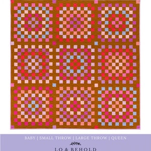 May include: A quilt pattern called "Granny Patch" by Brittany Lloyd. The pattern features a checkerboard design with squares in shades of pink, orange, brown, and blue. The pattern is available in four sizes: baby, small throw, large throw, and queen. The pattern is FQ friendly.