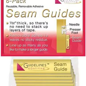 Peut inclure: Un paquet de 6 guides de couture jaunes pour le quilting, avec le texte "Guidelines 4 Quilting" et "Seam Guide". Les guides mesurent environ 0,8 mm d'épaisseur et ont un adhésif amovible. L'image montre également comment le guide fonctionne avec une aiguille et un pied presseur.