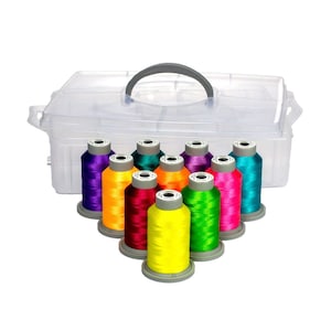 Può includere: Una scatola di contenimento in plastica trasparente con maniglia, contenente 10 bobine di filo da ricamo colorato. Le bobine sono disposte a forma di piramide, con colori che includono viola, arancione, rosso, giallo, verde, rosa e blu.