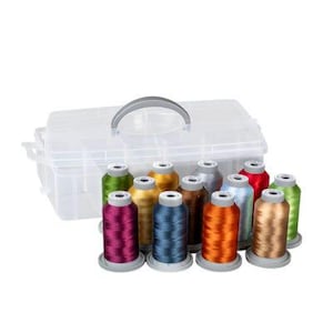 May include: A clear plastic storage box with a handle containing twelve spools of embroidery thread in various colors including magenta, gold, blue, orange, brown, silver, light blue, red, and green, arranged in three rows on a white background.