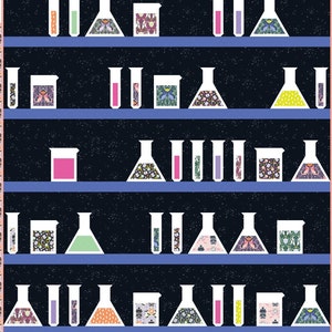 May include: A black background with white shelves filled with various glass beakers and test tubes. The beakers and test tubes are filled with colorful liquids and patterned designs. The shelves are against a black background with white stars.