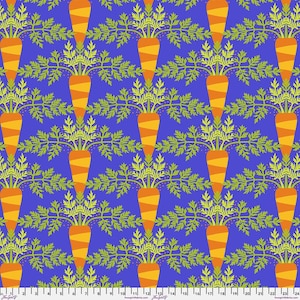 May include: A repeating pattern of orange carrots with green leafy tops on a blue background. The carrots have diagonal orange stripes. The leaves are a light green color. The pattern is evenly spaced and covers the entire image.