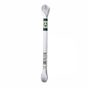 May include: A skein of DMC embroidery floss in white. The floss is wrapped around a cardboard spool with a green label that says "DMC" and has a barcode. The floss is tied at both ends with a silver-colored metal cap.