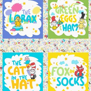 Puede incluir: Cuatro diseños cuadrados coloridos con personajes y texto de los libros del Dr. Seuss. Los diseños incluyen "The Lorax", "Green Eggs and Ham", "The Cat in the Hat" y "Fox in Socks", cada uno con ilustraciones y texto únicos.