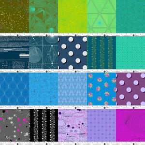 May include: A collection of fabric swatches with various geometric and abstract patterns. The color palette includes shades of green, blue, purple, and gray. Designs range from dots and lines to floral and text-based prints, offering a diverse selection for crafting or design projects.