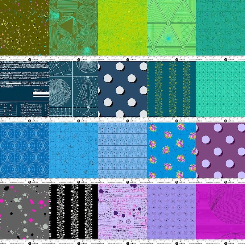 May include: A collection of fabric swatches with various geometric and abstract patterns. The color palette includes shades of green, blue, purple, and gray. Designs range from dots and lines to floral and text-based prints, offering a diverse selection for crafting or design projects.
