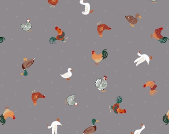Puede incluir: Un patrón sin costuras que presenta una variedad de animales de granja, incluidos pollos, gallos, patos y gansos. Los animales se representan en un estilo caprichoso con colores brillantes y detalles intrincados. El fondo es gris claro con una textura sutilmente moteada.