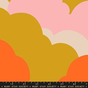 May include: Abstract pattern fabric with overlapping rounded shapes in shades of orange, yellow, pink, and white. The fabric has a repeating pattern of overlapping rounded shapes.