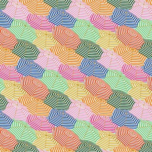 May include: A vibrant pattern of colorful beach umbrellas. The umbrellas are arranged in a repeating diagonal grid, each with alternating stripes of various colors, including red, orange, green, blue, pink, and yellow. The design evokes a sunny, summery feel.