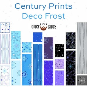 May include: A collection of 12 different fabric patterns featuring geometric designs in shades of blue, purple, black, and gray. The patterns include snowflakes, stars, and other abstract shapes. The text "Century Prints Deco Frost" is at the top of the image.
