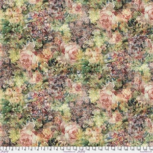 May include: A vintage-style floral fabric featuring a repeating pattern of pink roses, green leaves, and purple flowers. The fabric has a textured, almost tapestry-like appearance.