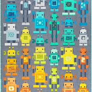Può includere: Una trapunta colorata con un motivo di robot in vari colori, tra cui blu, verde, giallo e arancione. I robot hanno design e dettagli diversi, creando un design giocoso e fantasioso.