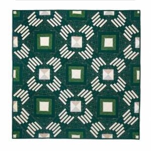 May include: A quilt pattern called "Phoenix" by Alderwood Studio. The pattern features a geometric design with green squares and white lines on a dark green background. The pattern is labeled as "Intermediate" and is for a throw or bed.