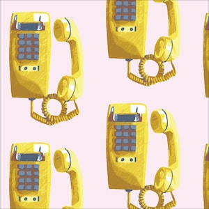 May include: A seamless pattern featuring yellow rotary phones with black buttons and a coiled cord. The phones are on a light pink background.