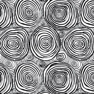May include: Black and white abstract pattern featuring concentric circles. The circles are drawn with thick lines, creating a hypnotic effect.