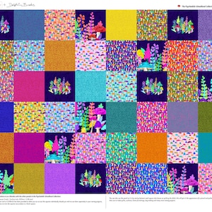 Puede incluir: Un panel de tela colorido con un patrón repetitivo de hongos y plantas. El panel está dividido en 36 cuadrados, cada uno con un color y un patrón diferente. El texto "The Psychedelic Woodland Collection - Magical Plants" está impreso en la parte superior del panel.