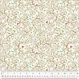 May include: Fabric with a repeating pattern of brown branches, green leaves, red ladybugs, and blue dragonflies on a cream background. The design includes swirling vines and is measured in inches.