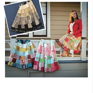 May include: The image showcases three patchwork skirts with a variety of colorful fabric squares. The skirts are displayed in different styles, with one skirt in a close-up shot. The text "BESPOKE PATCHWORK SKIRT" is at the top of the image.