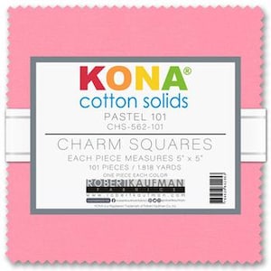 May include: Pink Kona cotton solids charm squares, each measuring 5" x 5". The label reads "KONA cotton solids" and "CHARM SQUARES". The package contains 101 pieces and 1.818 yards of fabric. The brand name "ROBERT KAUFMAN" is also visible.
