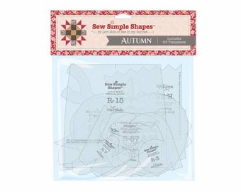May include: A pack of 65 clear plastic quilting templates for sewing. The templates are labelled with the text "Sew Simple Shapes" and "Autumn".