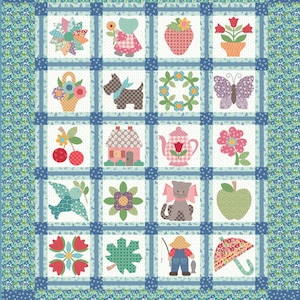 May include: A patchwork quilt with a blue floral border and a grid of squares featuring appliqued designs. The designs include flowers, animals, and other whimsical motifs. The quilt measures 180cm x 213cm.