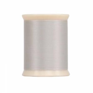 May include: A spool of silver thread on a white plastic bobbin.