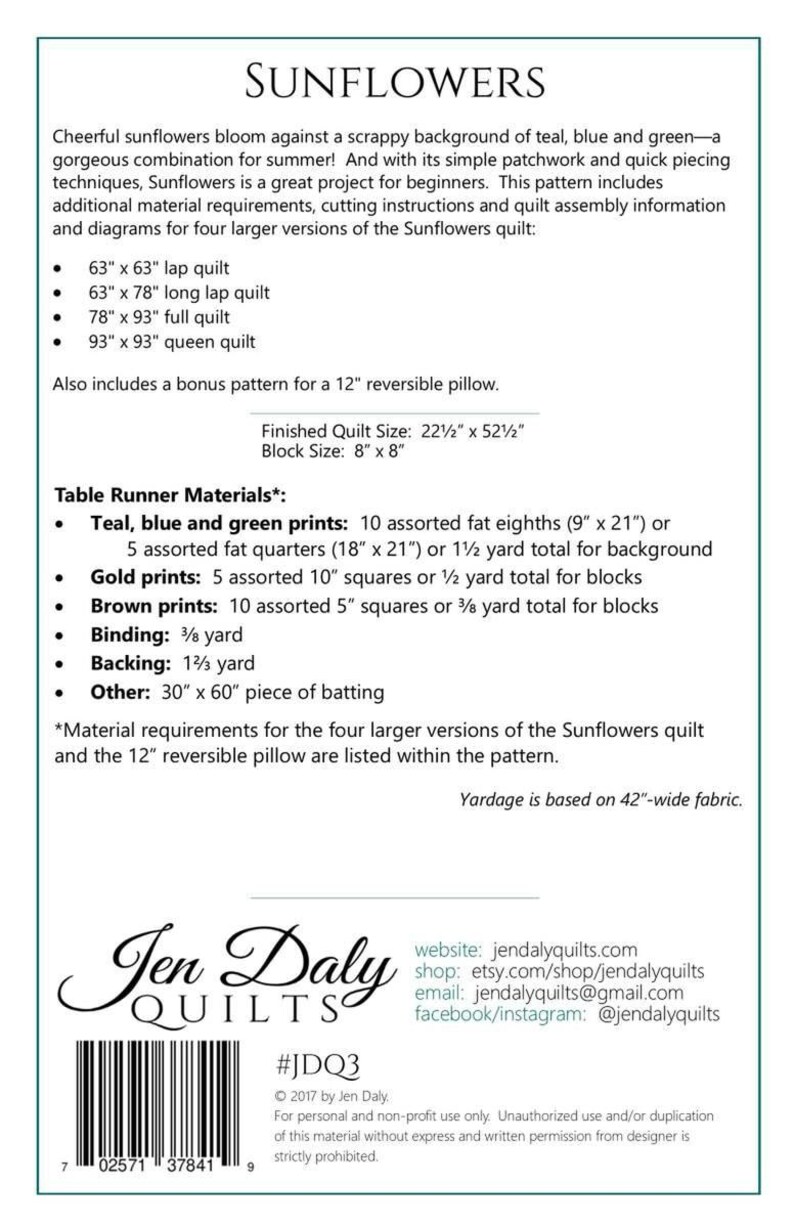 Sunflowers Table Runner Pattern by Jen Daly - Etsy