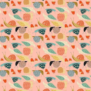 Puede incluir: Un patrón sin costuras que presenta caracoles coloridos con diferentes diseños de conchas sobre un fondo rosa. Los caracoles están rodeados de setas y hojas.